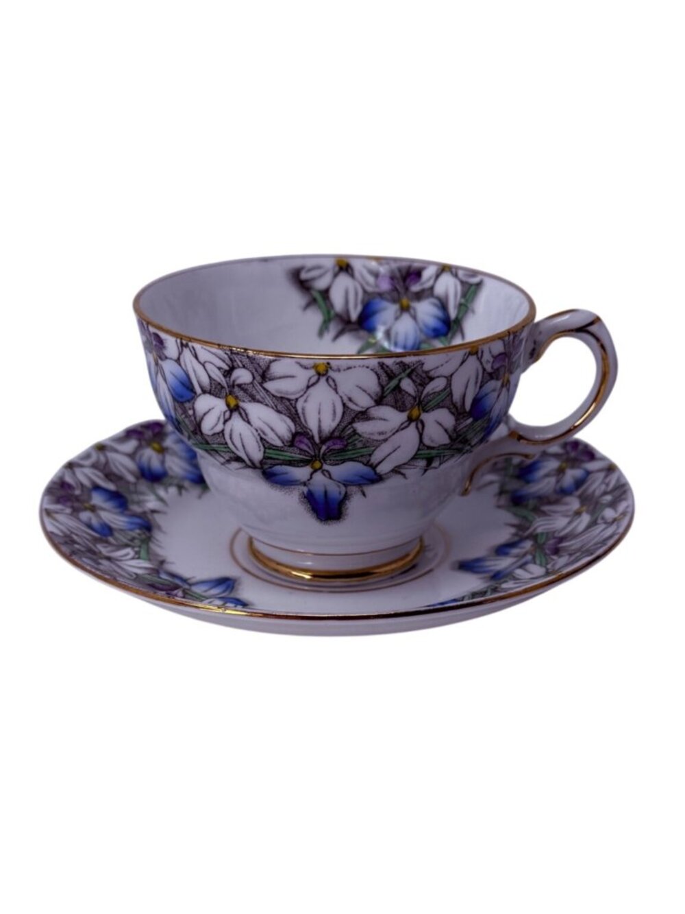 Vintage Rosina England Bone China Teacup Saucer Blue White Floral Gold